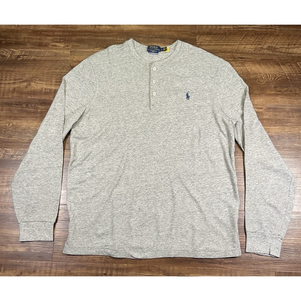 Polo Ralph Lauren Featherweight Mesh Henley Shirt Mens L Gray Cotton Long Sleeve